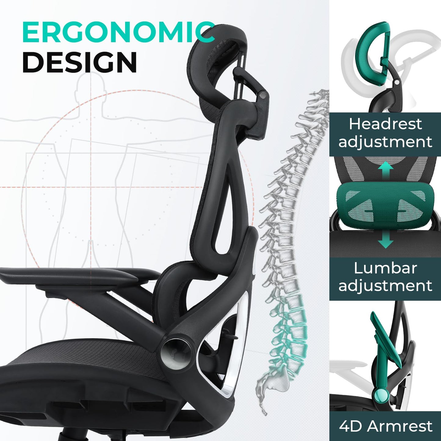 CAPOT Ergonomic Mesh Office Chair, Adjustable Lumbar High Back Desk Chair 400lbs, 4D Flip-up Arms, 3-Level Tilt Backrest, 3D Headrest, PU Wheels, Swivel Rolling Computer Seating for Long Desk Work
