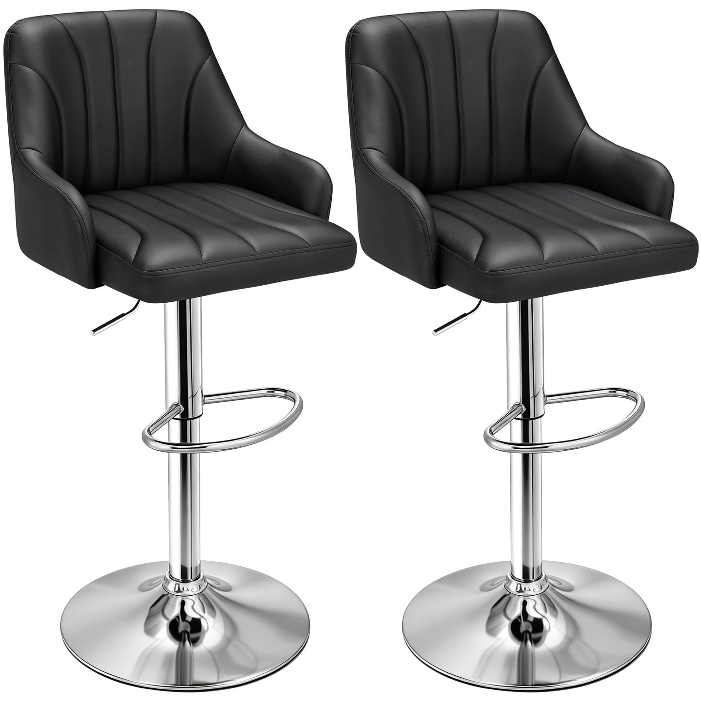 VECELO Bar Stools Set of 2, Adjustable Barstools, Counter Height Stools with Back and Arm, Kitchen Island Stools, Swivel PU Chairs for Pub, Dining Room, Modern Style, Black