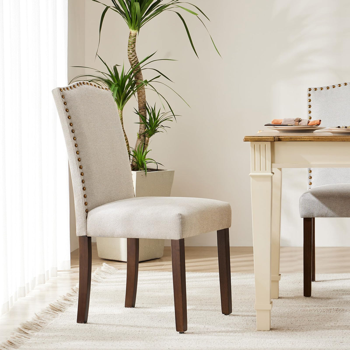 DUMOS Dining Chairs Set of 4, Modern Kitchen Table Chairs with Wooden Legs and Padded Seat, Mid Century Upholstered Accent Chair for Dining Room/Kitchen/Living Room/Restaurant, Beige