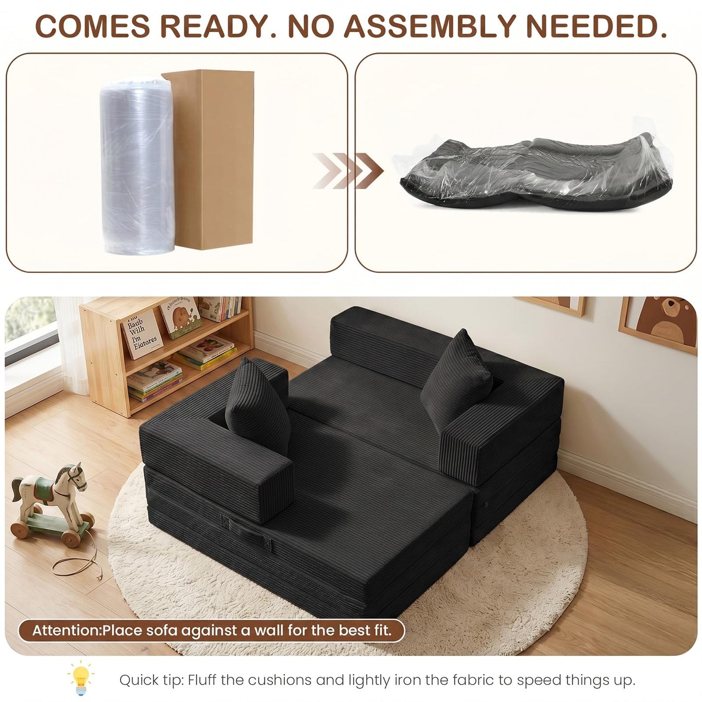 Ziydily Boneless Couch, L Shaped Couch with Chaise, 5-in-1 Comfy Corduroy Fluffy Sofas, Mini Flexible Module Combination Compact Room Couch, No Assembly, Black