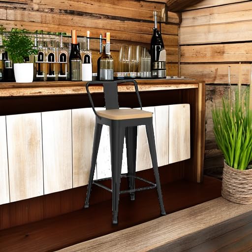 WENTMENT Metal Bar Stools Set of 4 Counter Height Barstools with Removable Back 24" Kitchen Bar Stools with Wooden Seat, Black