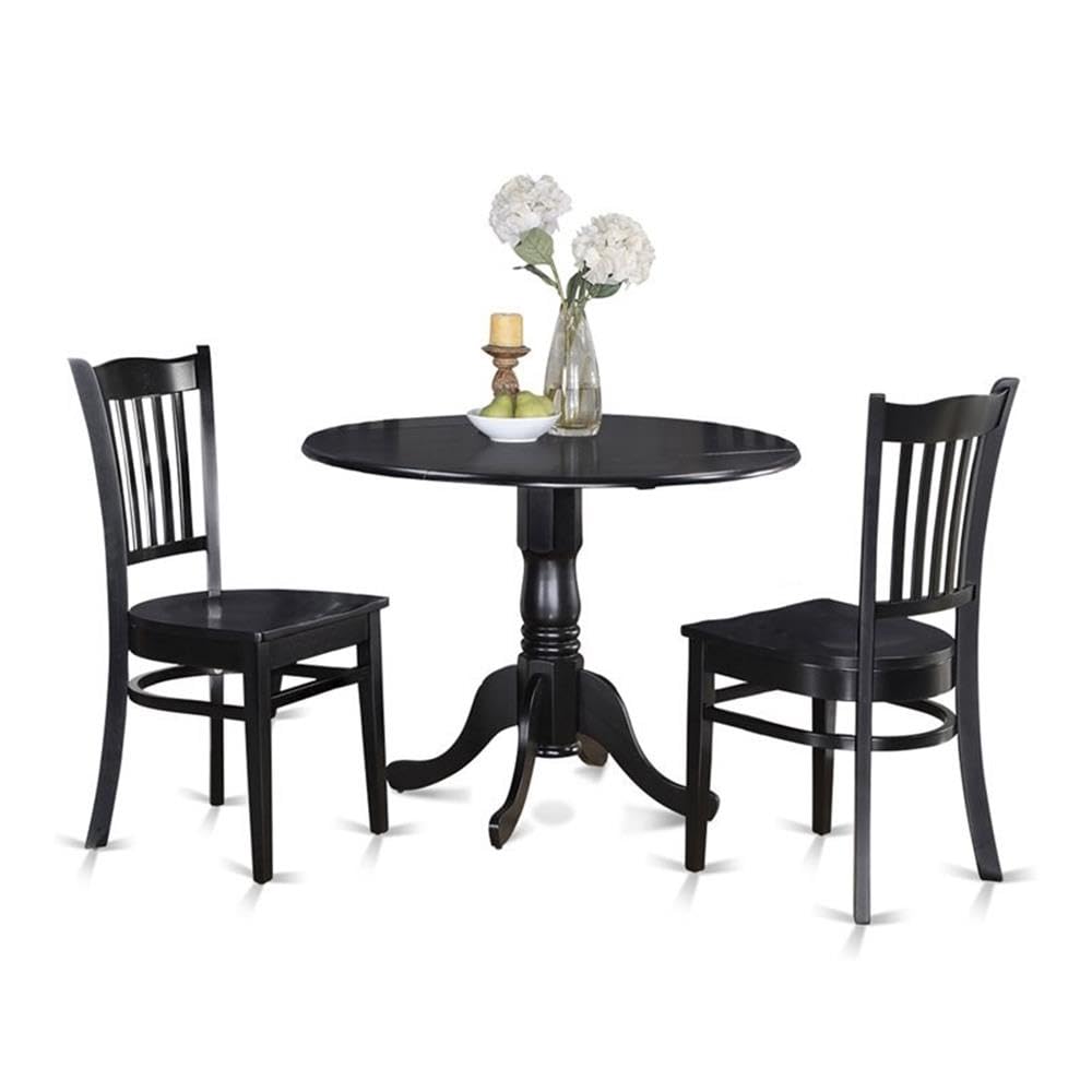 East West Furniture DLGR3-BLK-W 3 Piece Dining Table Set for Small Spaces Contains a Round Dining Room Table with Dropleaf and 2 Wood Seat Chairs, 42x42 Inch, Black