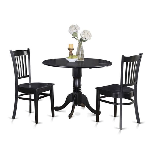 East West Furniture DLGR3-BLK-W 3 Piece Dining Table Set for Small Spaces Contains a Round Dining Room Table with Dropleaf and 2 Wood Seat Chairs, 42x42 Inch, Black