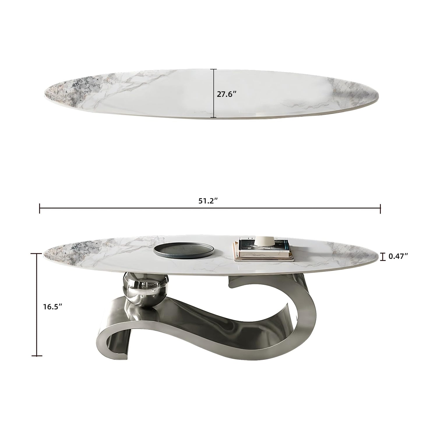 52" Oval Marble Coffee Table for Living Room, Modern Stainless Steel Silver Metal Base, Scratch-Resistant Accent Table, Luxury Center Table for Home Decor, Easy Assembly