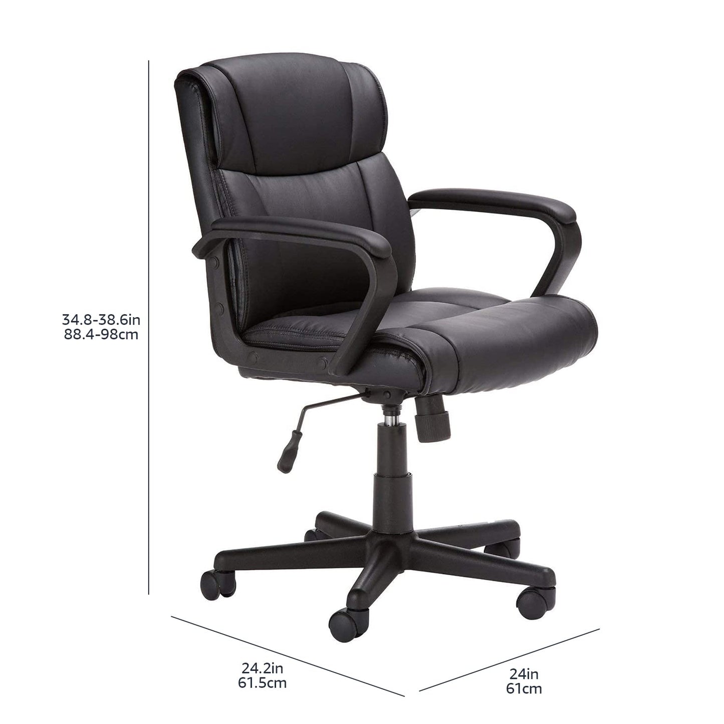 Amazon Basics Office Task Chair with Adjustable Height, 360° Swivel, Padded Armrests, Mid-Back, Rolling, 275 Pound Capacity, 24.2"D x 24"W x 34.8"H, Black Faux Leather