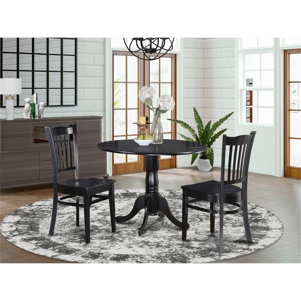 East West Furniture DLGR3-BLK-W 3 Piece Dining Table Set for Small Spaces Contains a Round Dining Room Table with Dropleaf and 2 Wood Seat Chairs, 42x42 Inch, Black