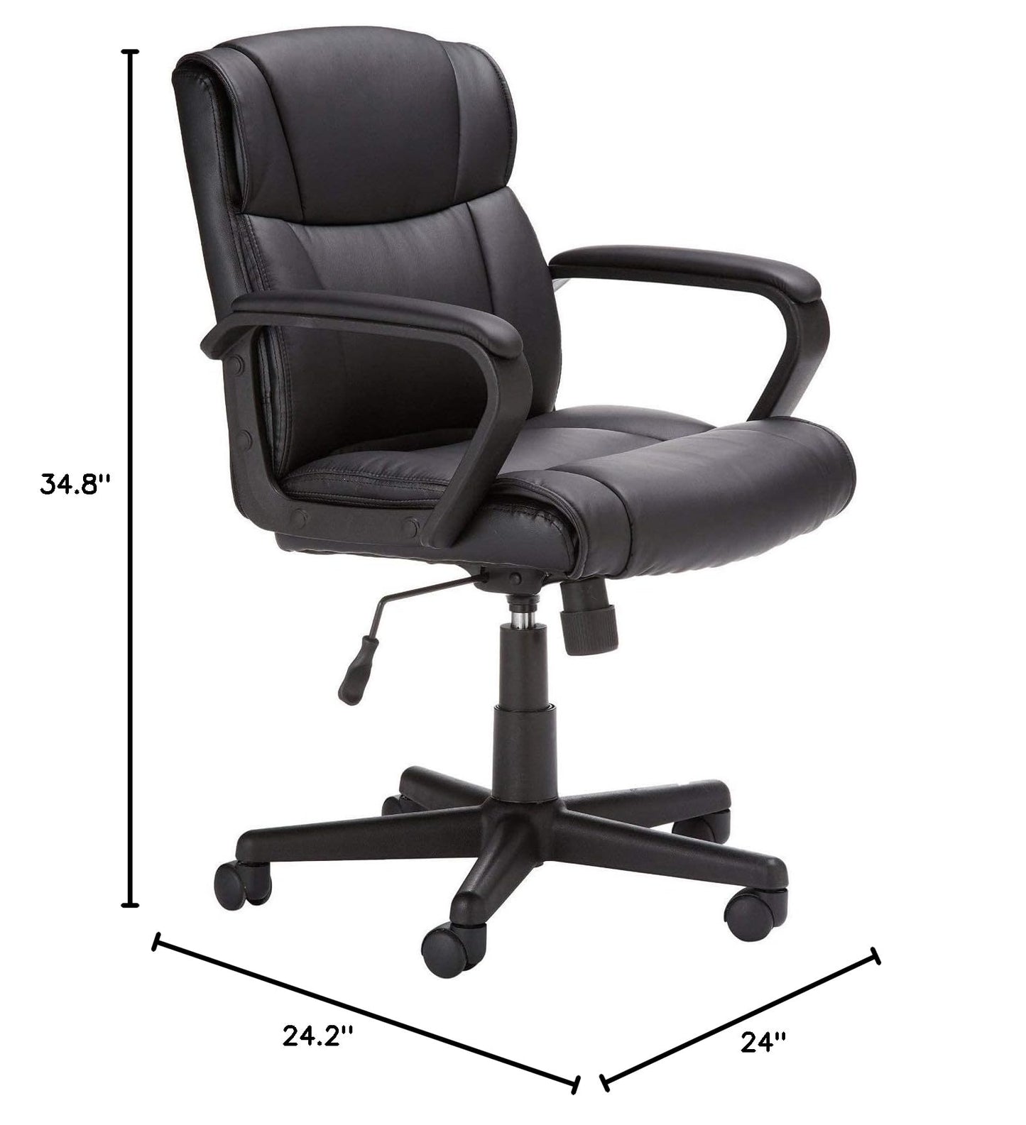 Amazon Basics Office Task Chair with Adjustable Height, 360° Swivel, Padded Armrests, Mid-Back, Rolling, 275 Pound Capacity, 24.2"D x 24"W x 34.8"H, Black Faux Leather