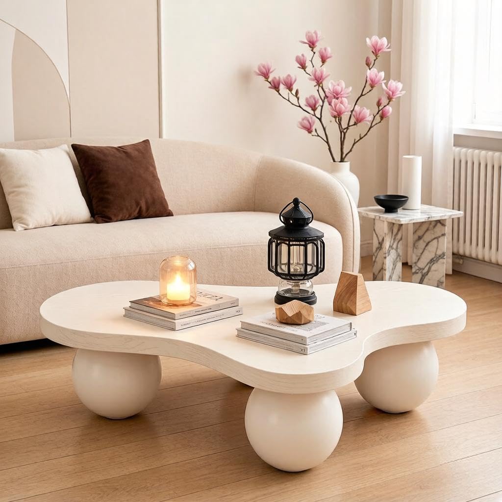 BSYEIO 46" Cloud Coffee Table with 3 Ball Legs, Modern Irregular Center Table for Living Room, Low Cute Small MDF Tea Table for Bedroom, Space Apartment Cream White