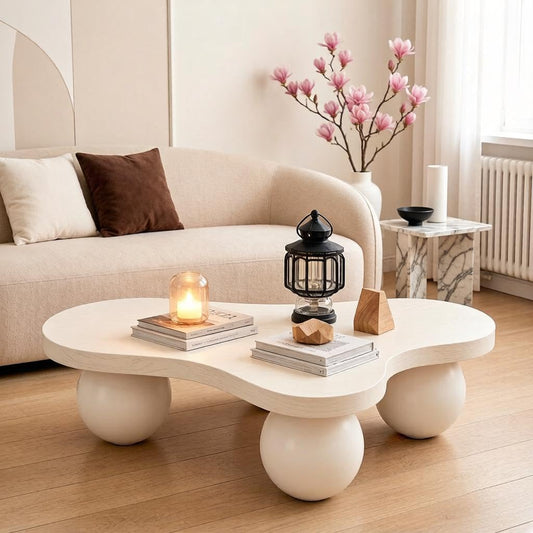 BSYEIO 46" Cloud Coffee Table with 3 Ball Legs, Modern Irregular Center Table for Living Room, Low Cute Small MDF Tea Table for Bedroom, Space Apartment Cream White