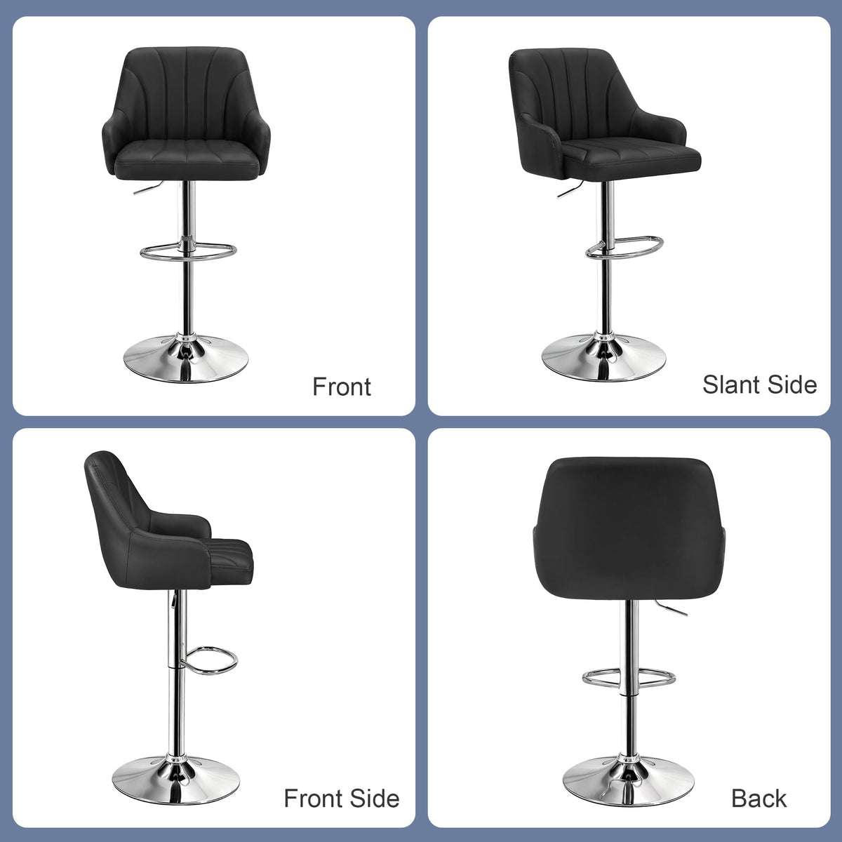 VECELO Bar Stools Set of 2, Adjustable Barstools, Counter Height Stools with Back and Arm, Kitchen Island Stools, Swivel PU Chairs for Pub, Dining Room, Modern Style, Black