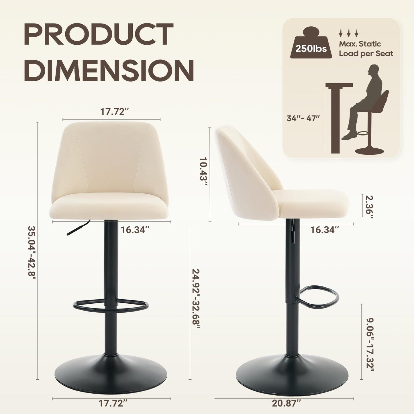 COLAMY Bar Stools Set of 2, Modern Swivel Bar Chairs, Adjustable Upholstered Barstools Counter Height with Full Backrest for Bar, Dining Room, Kitchen Island, Beige