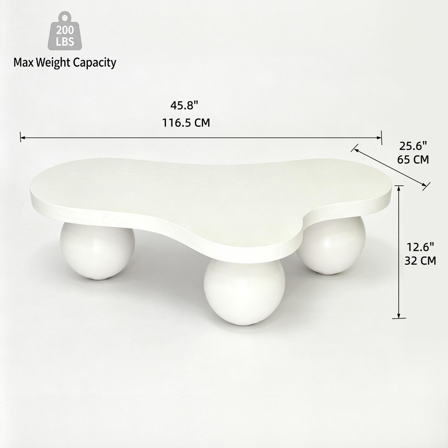 BSYEIO 46" Cloud Coffee Table with 3 Ball Legs, Modern Irregular Center Table for Living Room, Low Cute Small MDF Tea Table for Bedroom, Space Apartment Cream White