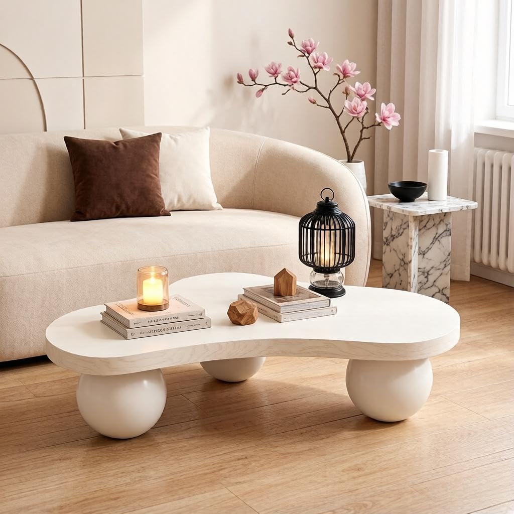 BSYEIO 46" Cloud Coffee Table with 3 Ball Legs, Modern Irregular Center Table for Living Room, Low Cute Small MDF Tea Table for Bedroom, Space Apartment Cream White