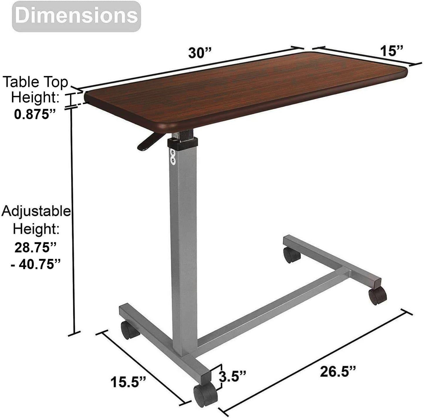 Vaunn Medical Adjustable Overbed Bedside Table with Wheels (Hospital and Home Use)