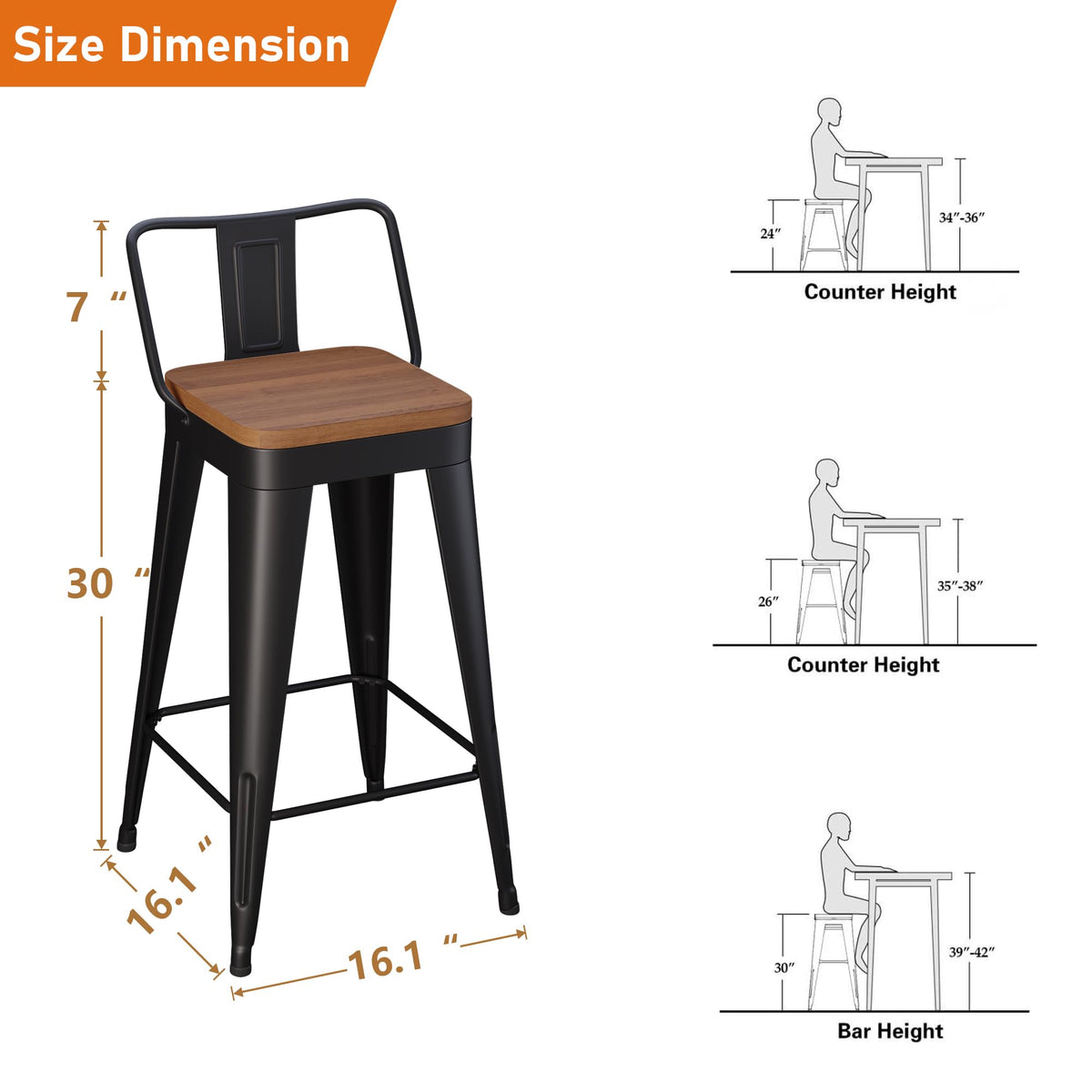 POINTANT Bar Stools Set of 4 Metal Bar Stool Counter Height Bar Stools Black, Modern Bar Chairs with Back and Wooden Seat 30" Bar Stool Counter Height