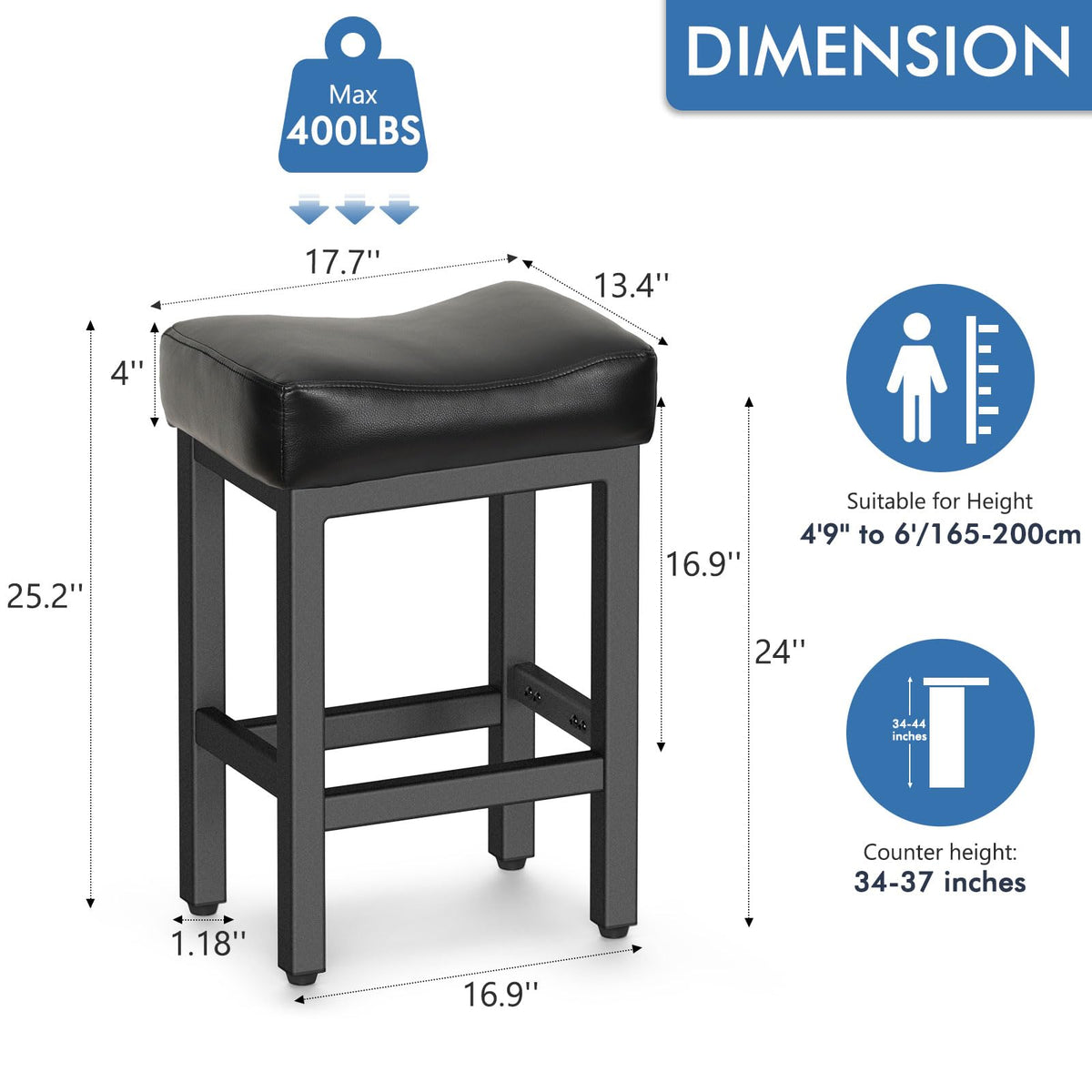 Raynesys 24 Inche Bonded Leather Counter Height Bar Stools Set of 2 Square