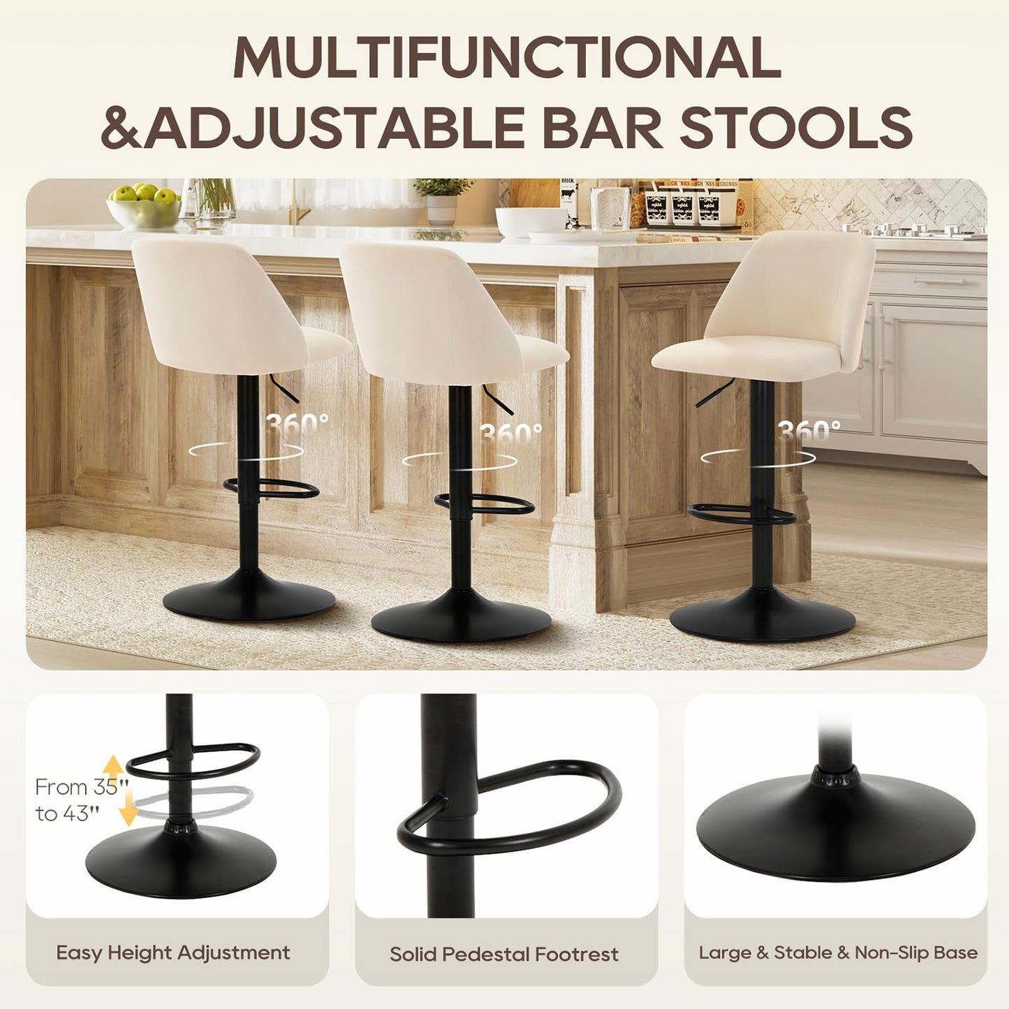 COLAMY Bar Stools Set of 2, Modern Swivel Bar Chairs, Adjustable Upholstered Barstools Counter Height with Full Backrest for Bar, Dining Room, Kitchen Island, Beige