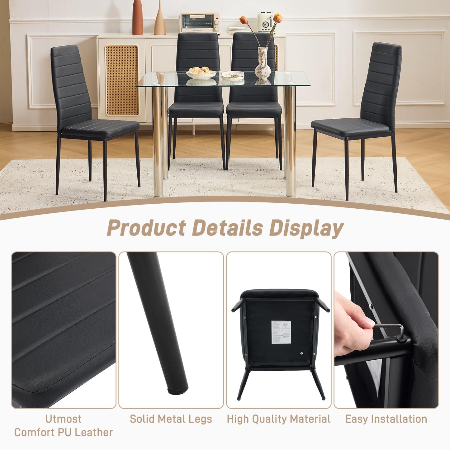 Karl home Dining Chairs Set of 4, PU Leather & High Back, Black