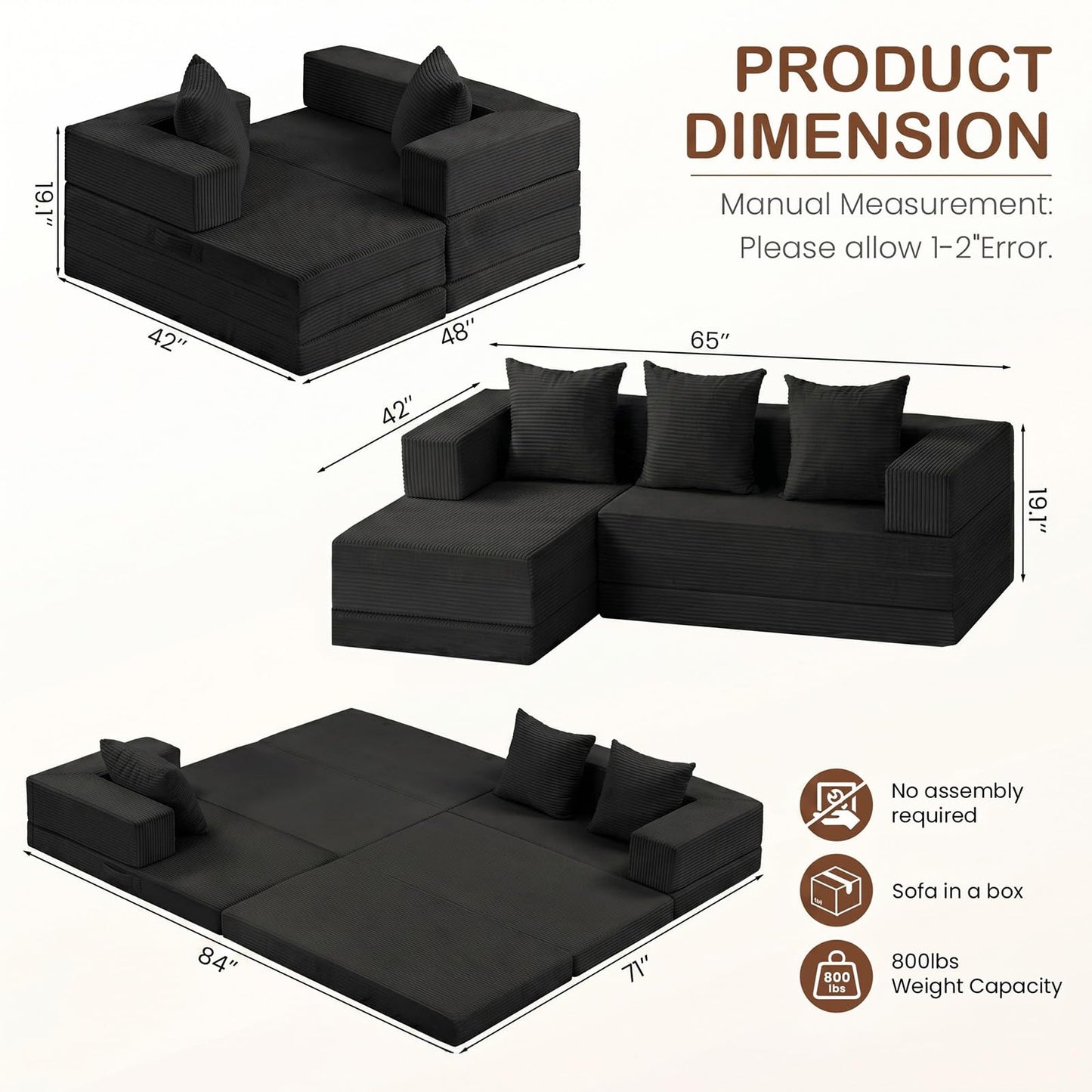 Ziydily Boneless Couch, L Shaped Couch with Chaise, 5-in-1 Comfy Corduroy Fluffy Sofas, Mini Flexible Module Combination Compact Room Couch, No Assembly, Black