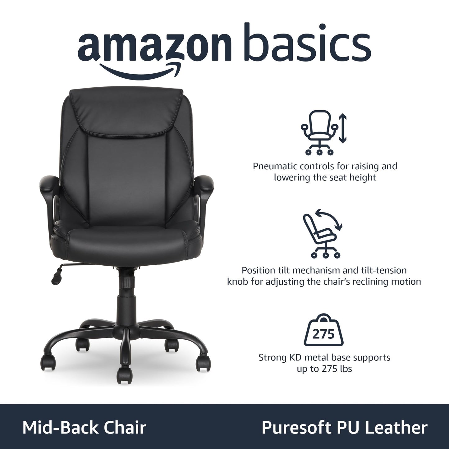 Amazon Basics Classic Puresoft PU Padded Mid-Back Office Desk Chair with Armrest, Easy Assembly, Sturdy Metal Base, Wheels, 275lb Support, 26"D x 23.75"W x 42"H, Black
