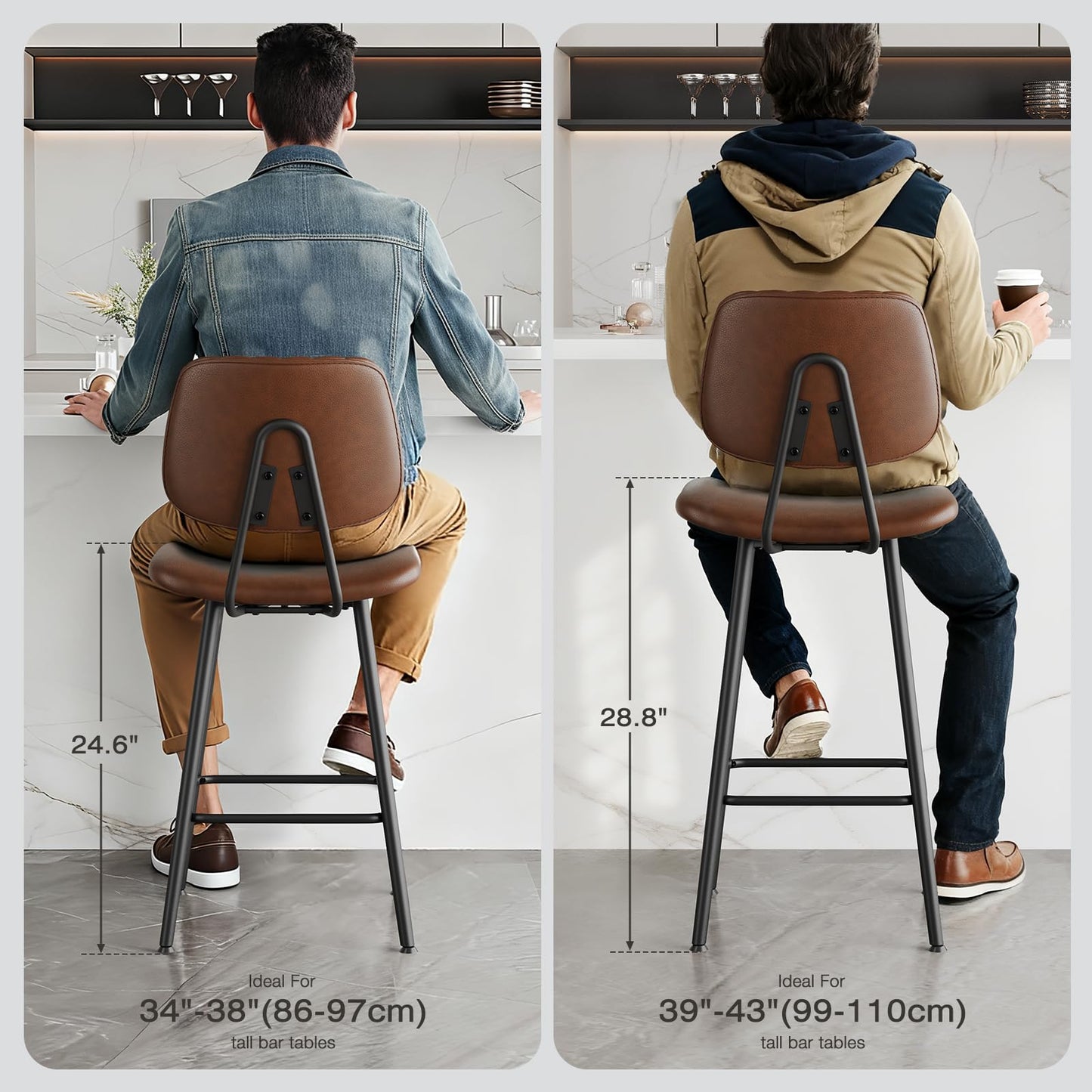 Raynesys 29-Inch Leather Bar Stools Set of 3 with High Backrest, Dark Brown