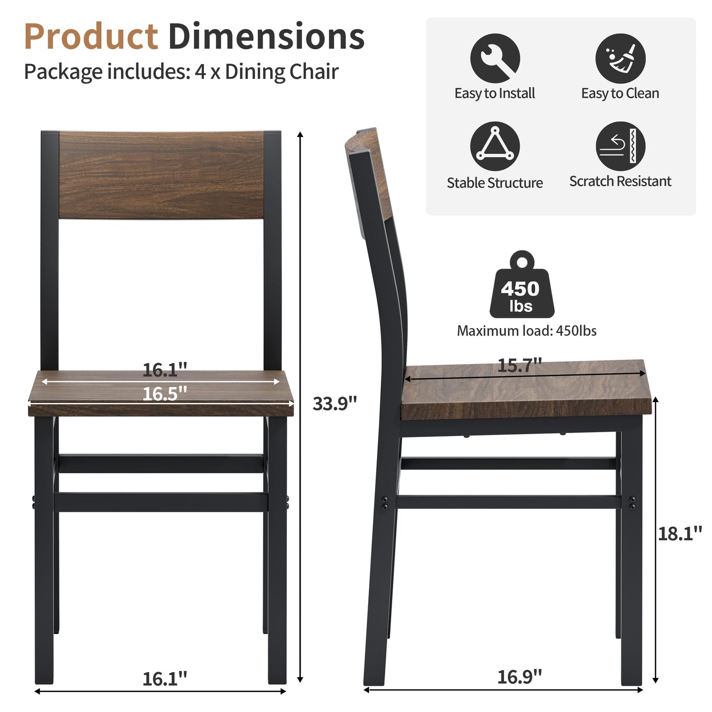 MECHYIN Nut-Brown Dining Chairs Set of 4, Farmhouse Kitchen Room Chairs