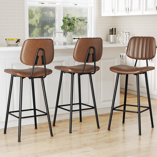 Raynesys 29-Inch Leather Bar Stools Set of 3 with High Backrest, Dark Brown