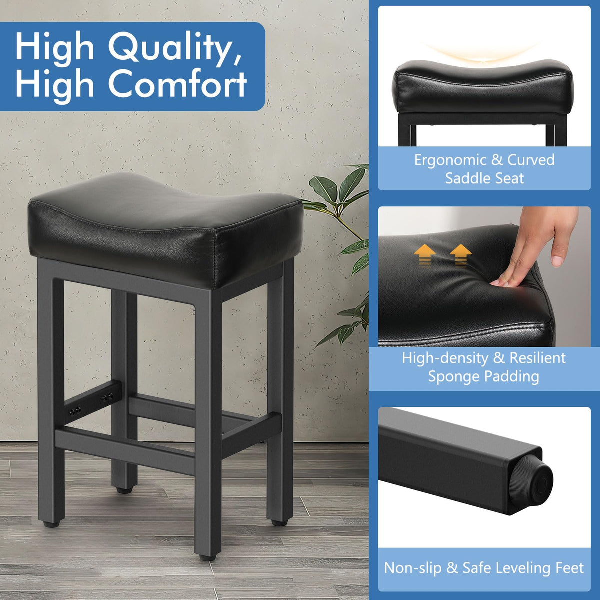 Raynesys 24 Inche Bonded Leather Counter Height Bar Stools Set of 2 Square
