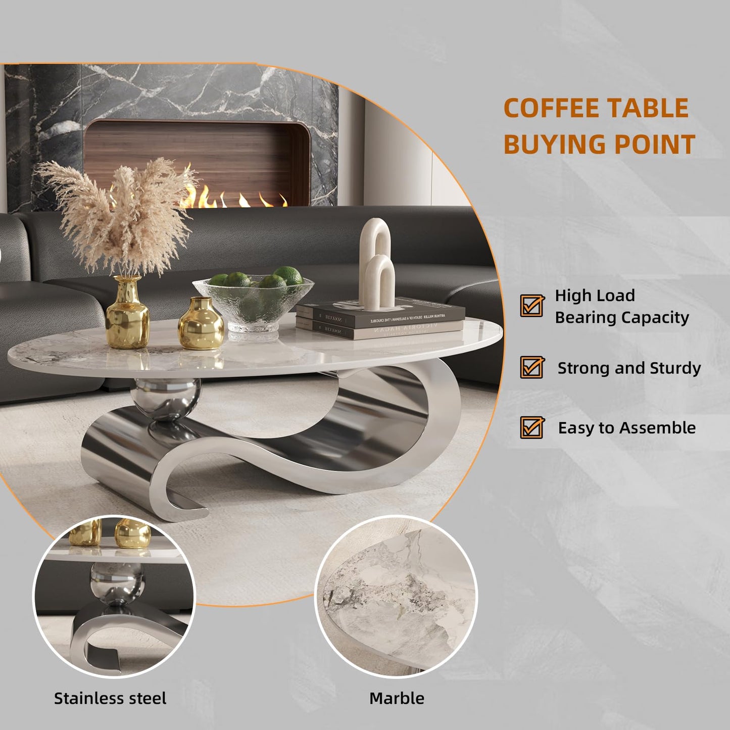 52" Oval Marble Coffee Table for Living Room, Modern Stainless Steel Silver Metal Base, Scratch-Resistant Accent Table, Luxury Center Table for Home Decor, Easy Assembly