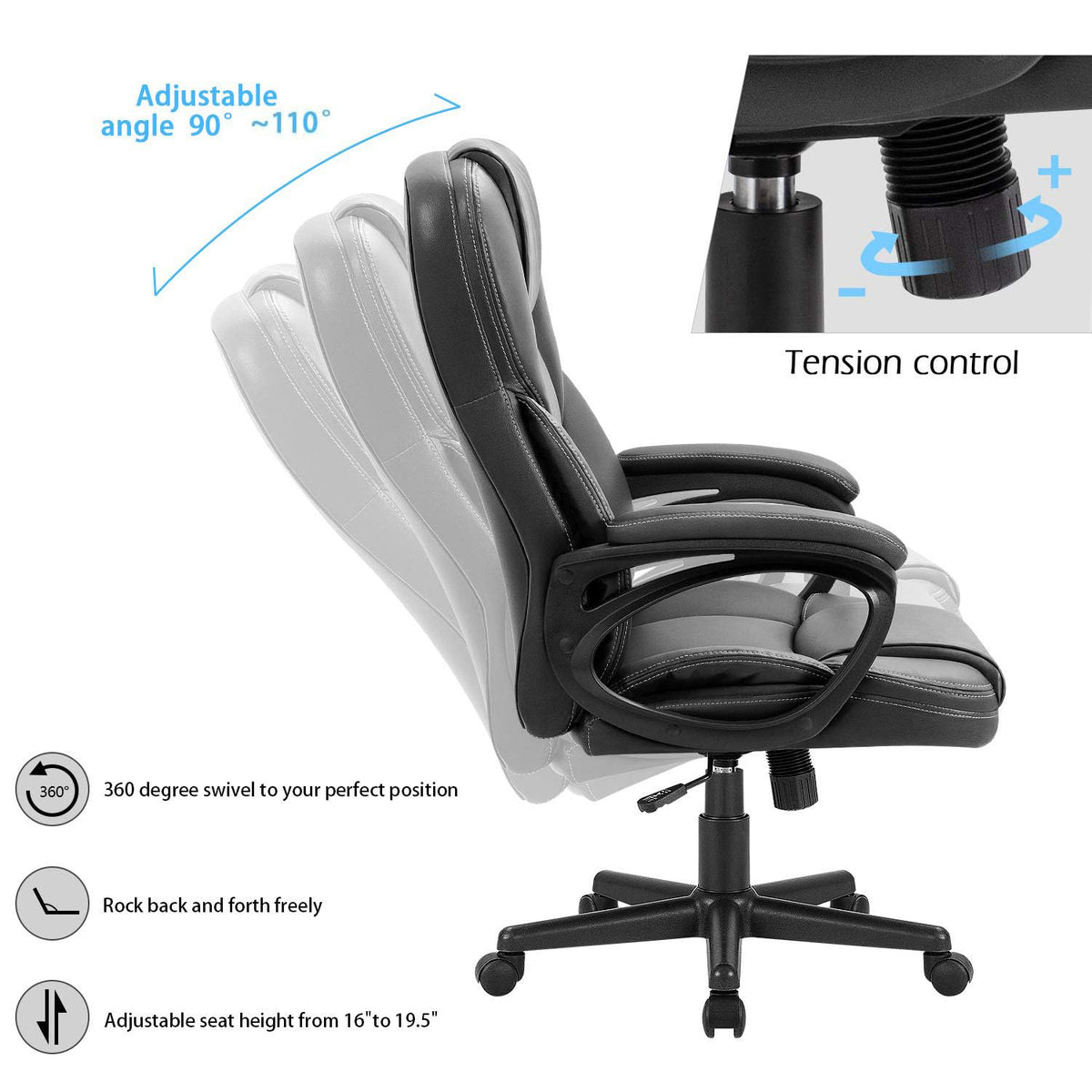Furmax Office Executive Chair High Back Adjustable Managerial Home Desk Chair, Swivel Computer PU Leather Chair with Lumbar Support (1, Black)