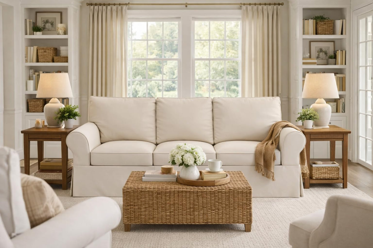 HomeTown Market Sofa Covers Compatible with Pottery Barn PB Basic Three Seater Sofa Slipcover (PB Basic 3 Seat (Width: 82.5"), Polyester Flax Beige)
