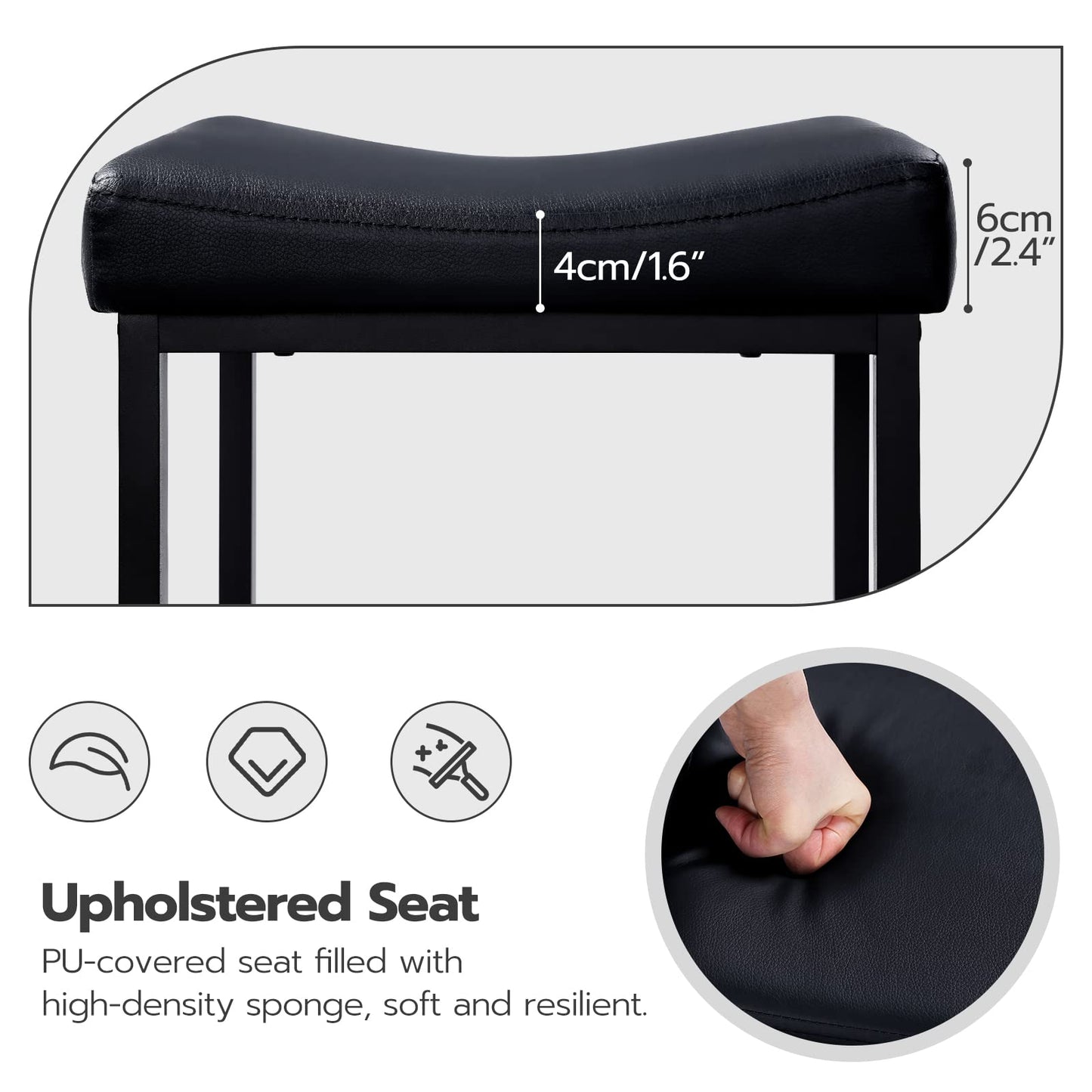 HOOBRO Bar Stools, Set of 2 Bar Chairs, Counter Height Stools, Saddle Barstools with Curved Surface, 24.8 Inches, 2.4" Thick Upholstery, for Kitchen, Dining Room, Cafe Black BB10BY01
