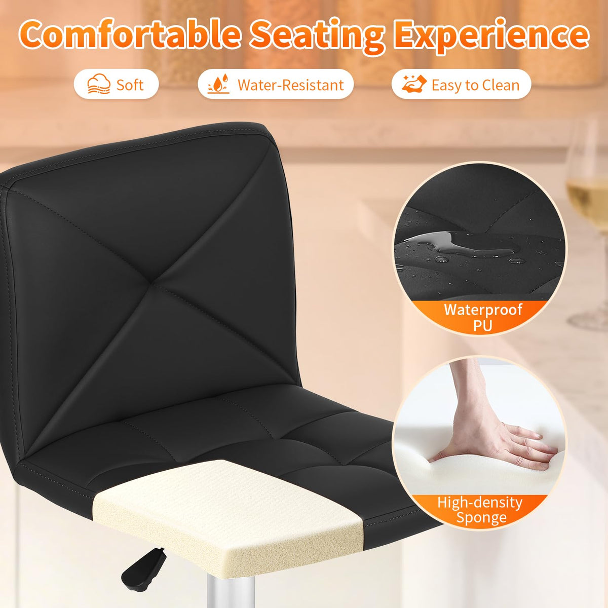 BestOffice Bar Stools Set of 2, PU Leather Swivel Bar Stools Kitchen Counter Height Bar Chairs with Hydraulic Adjustable for Kitchen, Dining Room and Restaurants