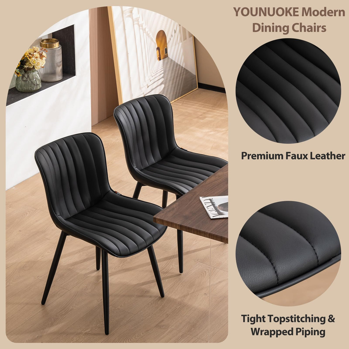 YOUNUOKE Dining Chairs Set of 2 Mid-Century Modern Kitchen Chair Black