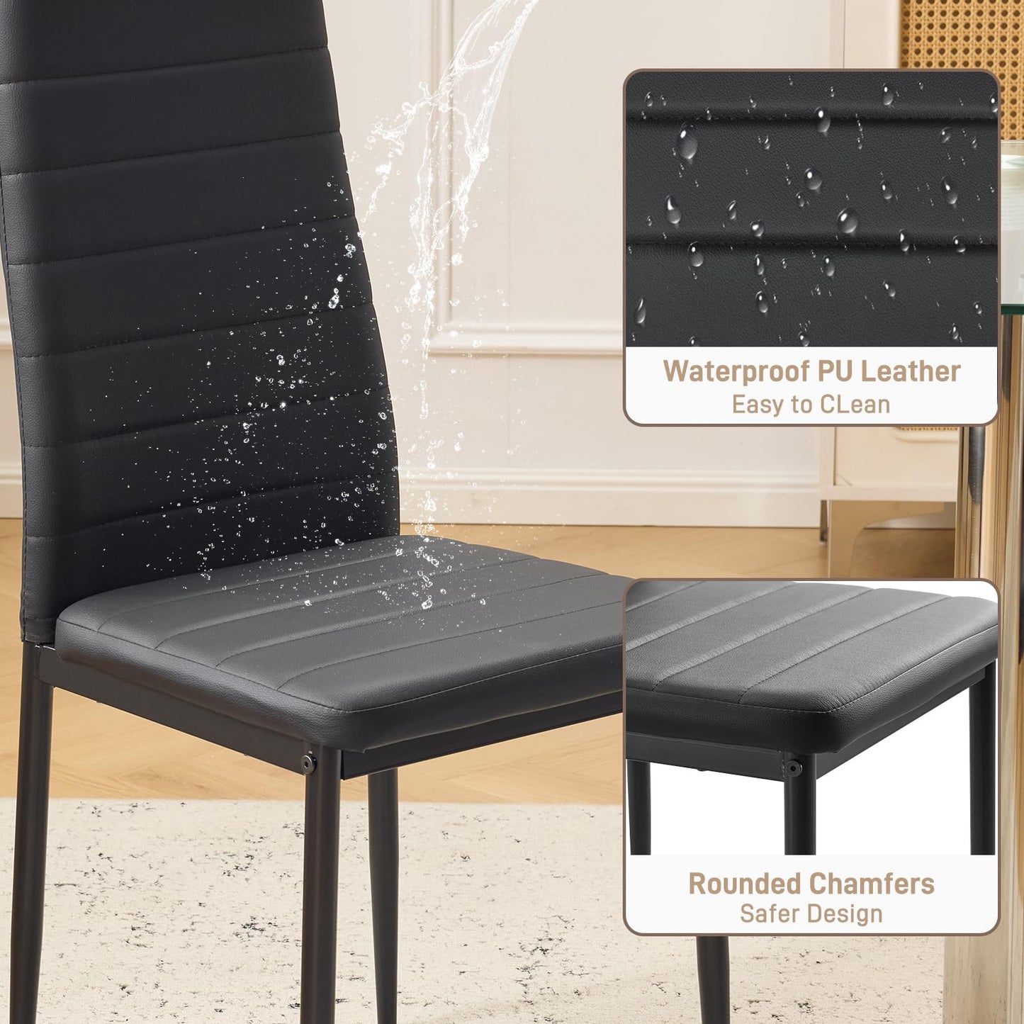 Karl home Dining Chairs Set of 4, PU Leather & High Back, Black