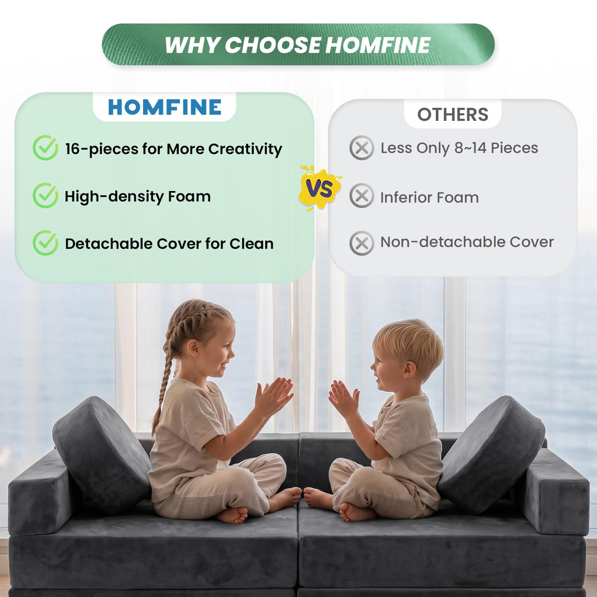 HOMFINE 16PCS Modular Kids Play Couch Set, Sectional Sofa for Playroom