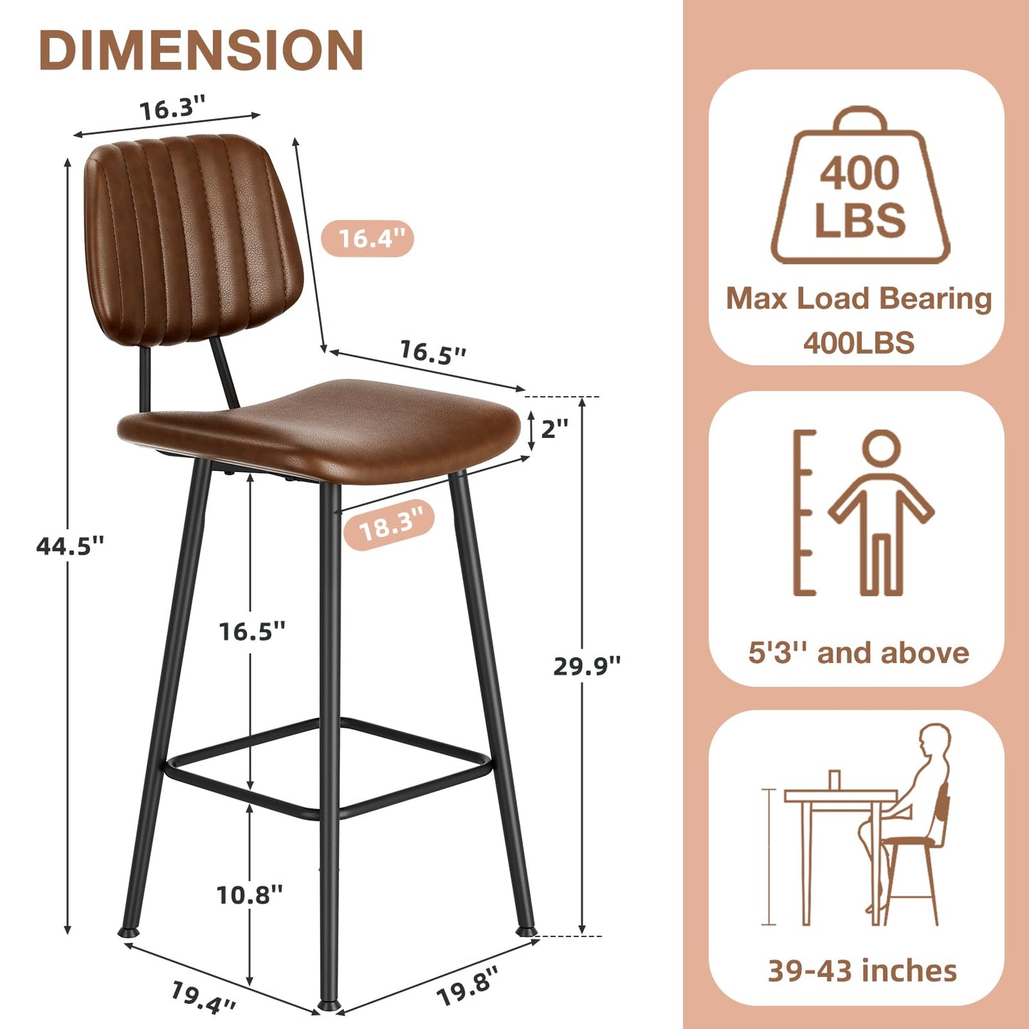 Raynesys 29-Inch Leather Bar Stools Set of 3 with High Backrest, Dark Brown