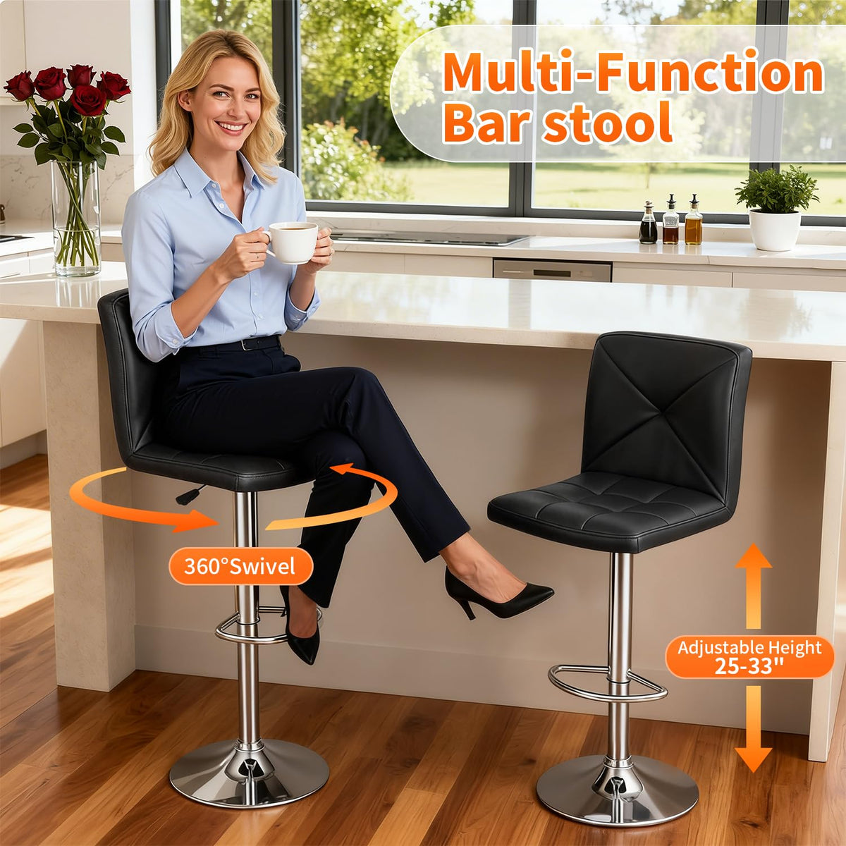 BestOffice Bar Stools Set of 2, PU Leather Swivel Bar Stools Kitchen Counter Height Bar Chairs with Hydraulic Adjustable for Kitchen, Dining Room and Restaurants