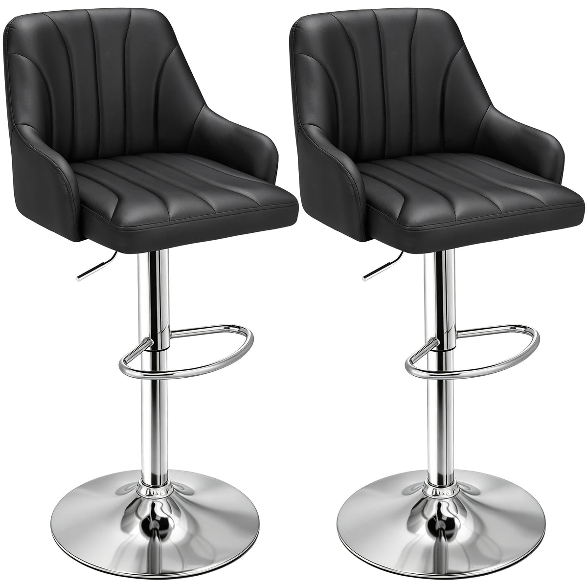 VECELO Bar Stools Set of 2, Adjustable Barstools, Counter Height Stools with Back and Arm, Kitchen Island Stools, Swivel PU Chairs for Pub, Dining Room, Modern Style, Black