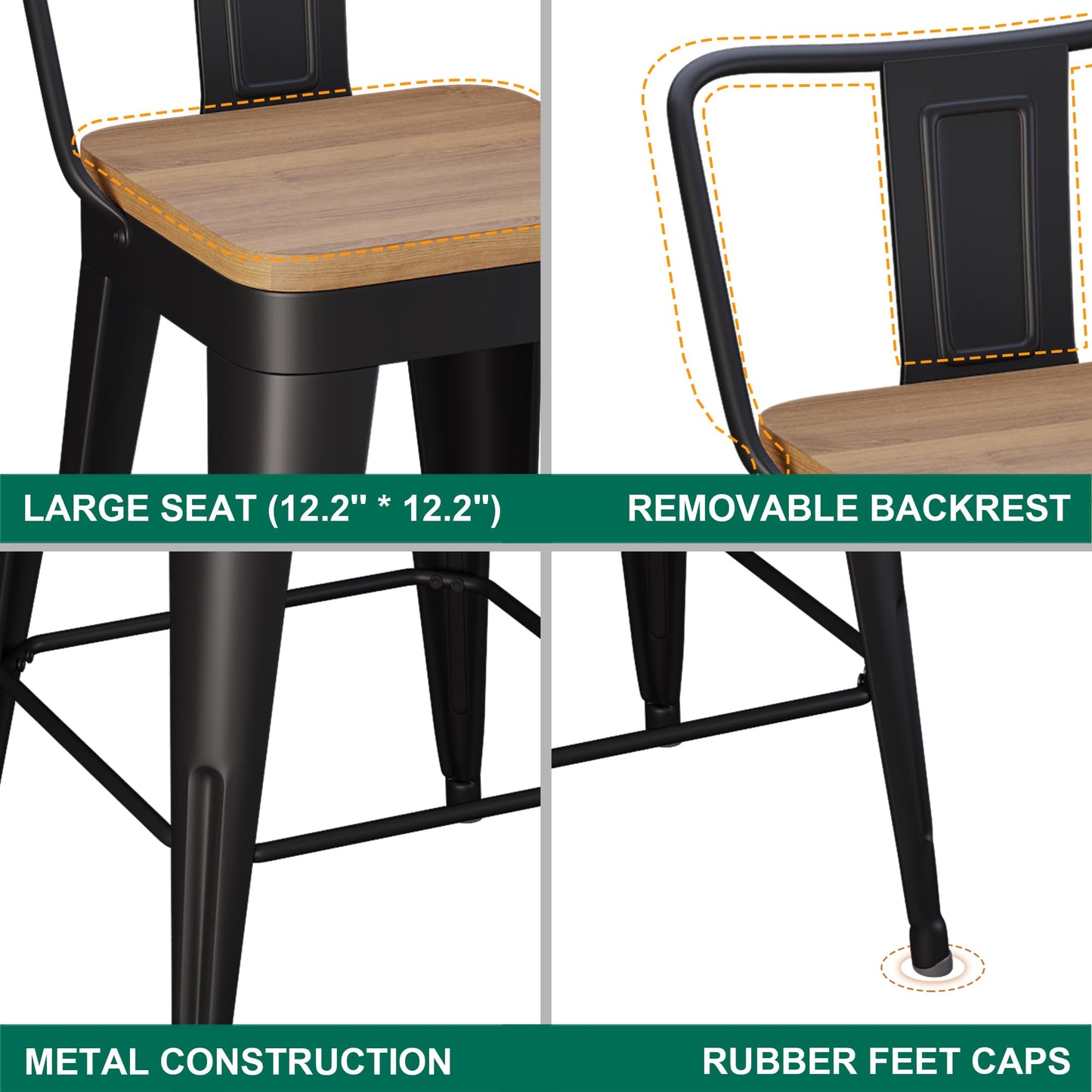 WENTMENT Metal Bar Stools Set of 4 Counter Height Barstools with Removable Back 24" Kitchen Bar Stools with Wooden Seat, Black