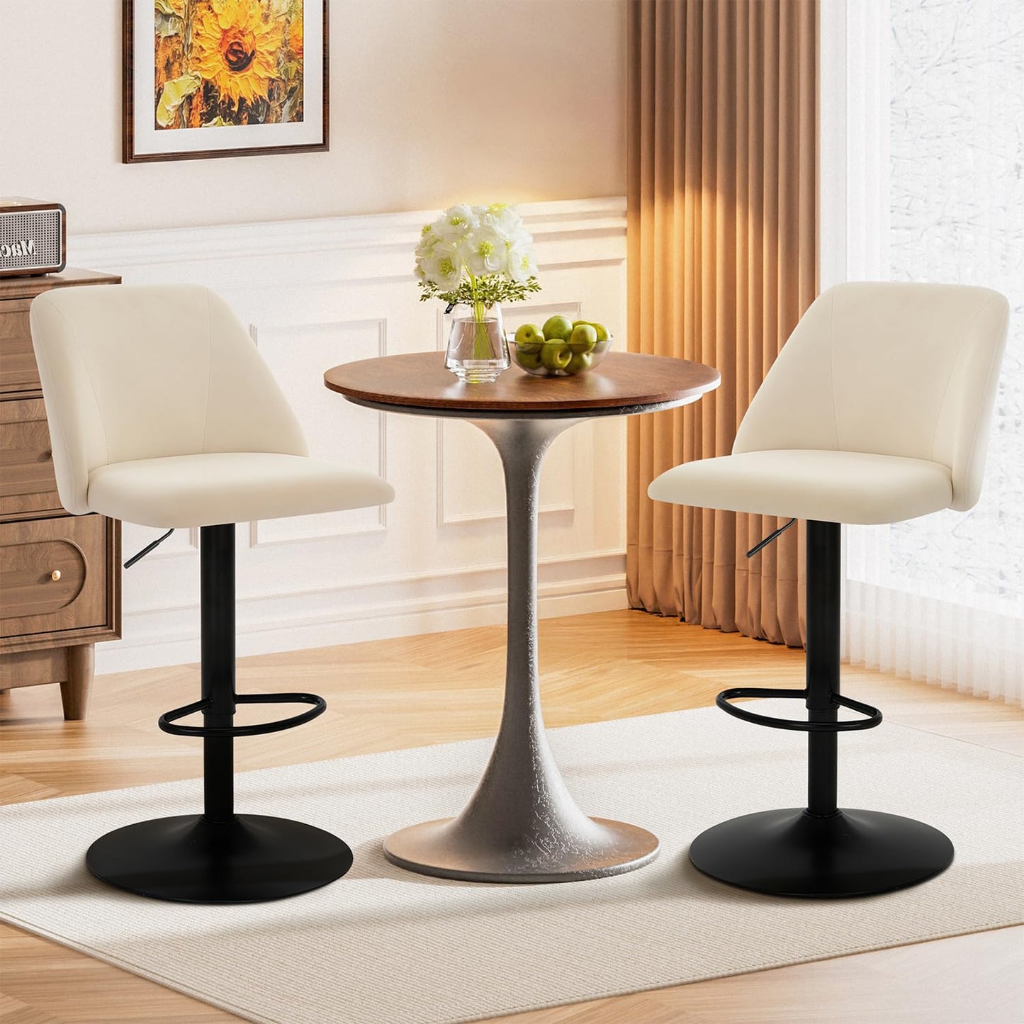 COLAMY Bar Stools Set of 2, Modern Swivel Bar Chairs, Adjustable Upholstered Barstools Counter Height with Full Backrest for Bar, Dining Room, Kitchen Island, Beige