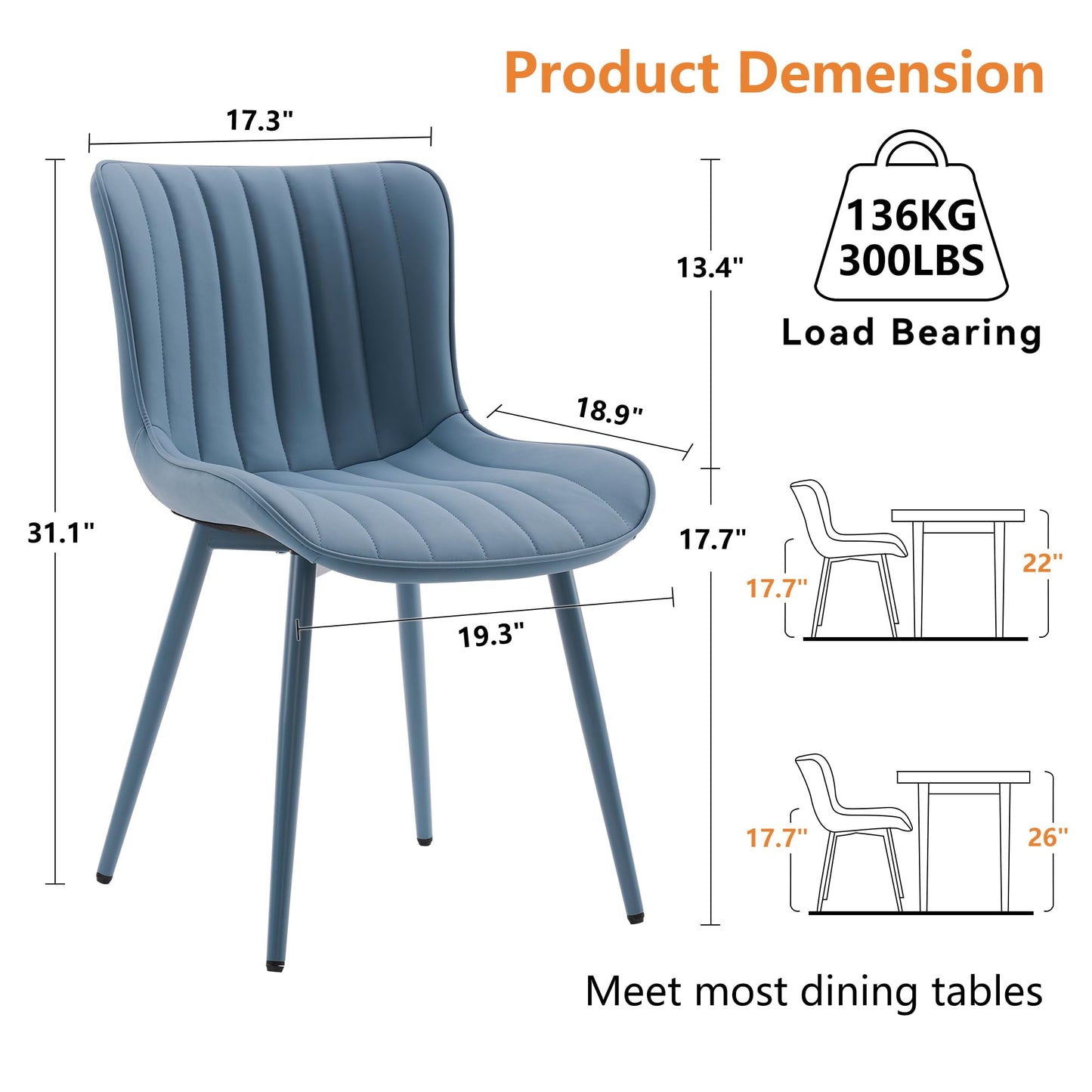 YOUNUOKE Mid-Century Modern Dining Chairs Set of 2, Blue PU Leather