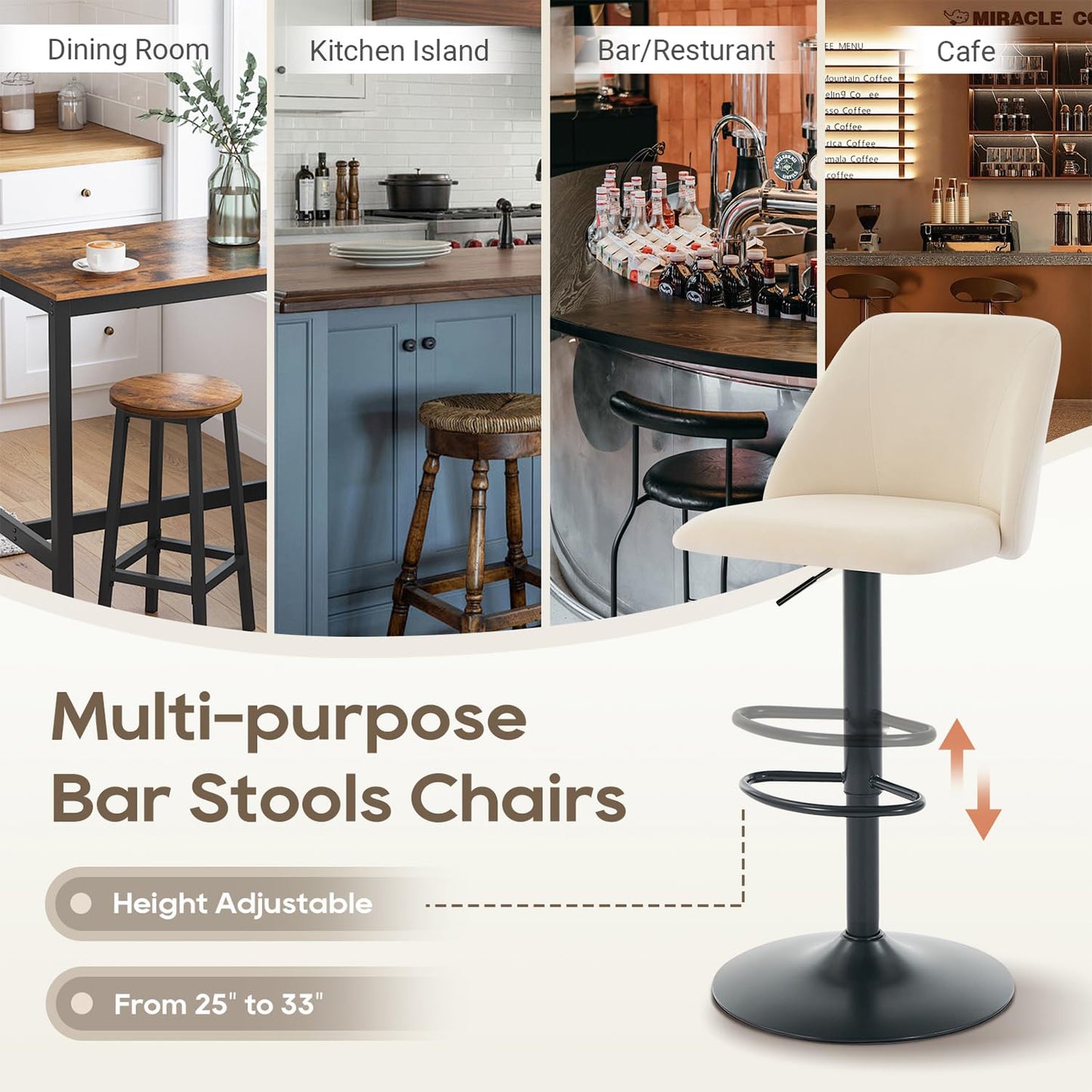 COLAMY Bar Stools Set of 2, Modern Swivel Bar Chairs, Adjustable Upholstered Barstools Counter Height with Full Backrest for Bar, Dining Room, Kitchen Island, Beige