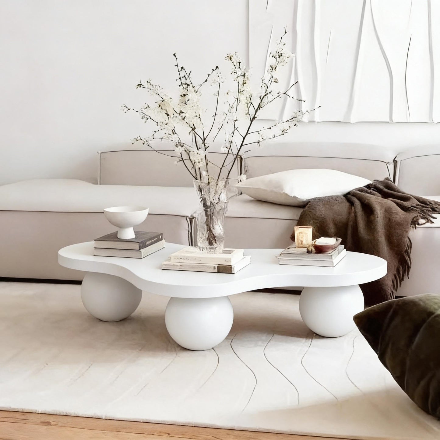 BSYEIO 46" Cloud Coffee Table with 3 Ball Legs, Modern Irregular Center Table for Living Room, Low Cute Small MDF Tea Table for Bedroom, Space Apartment Cream White