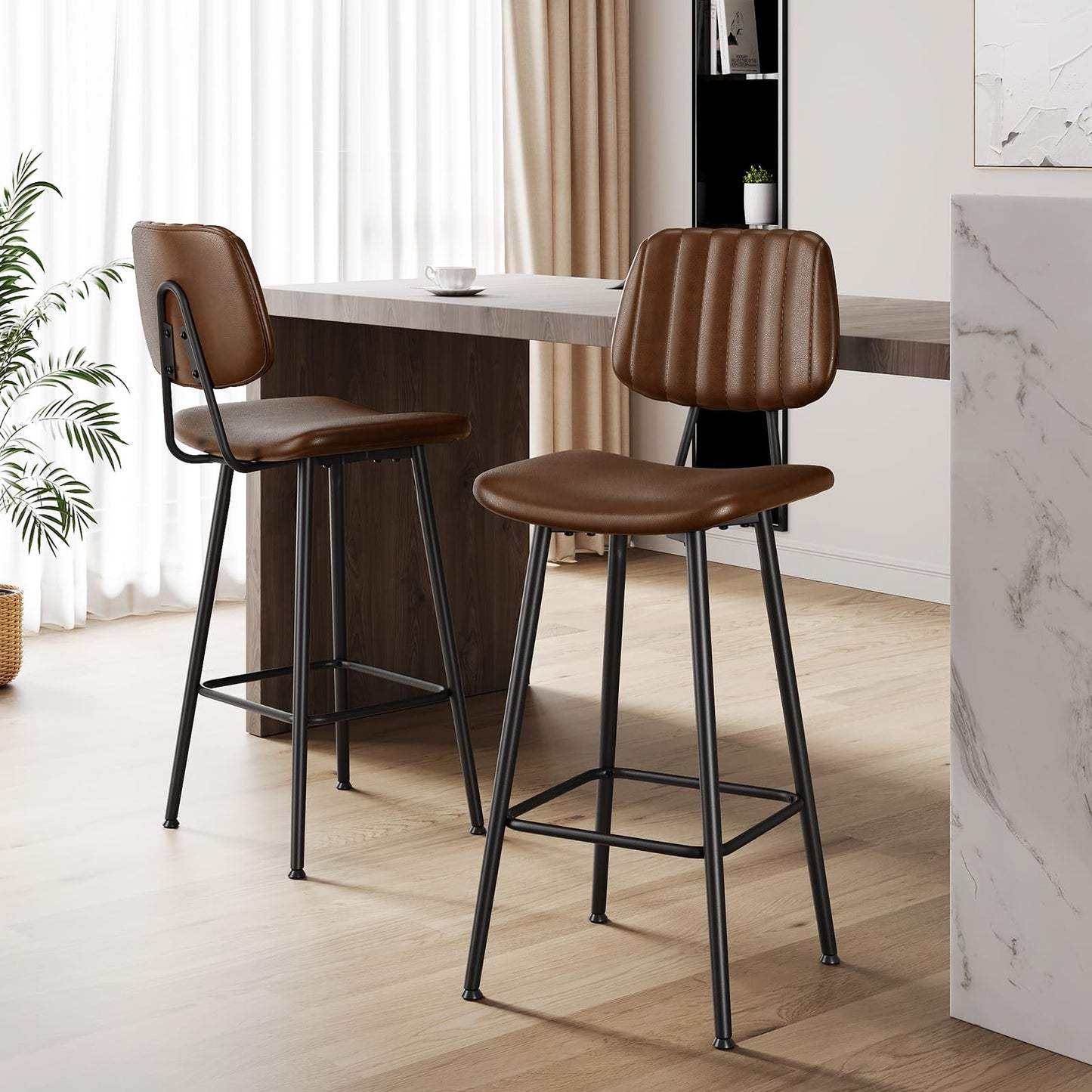 Raynesys 29-Inch Leather Bar Stools Set of 3 with High Backrest, Dark Brown
