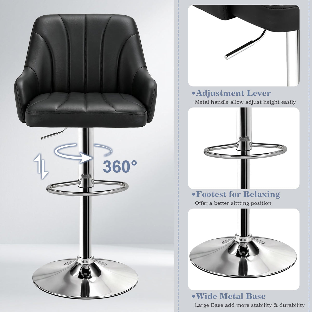 VECELO Bar Stools Set of 2, Adjustable Barstools, Counter Height Stools with Back and Arm, Kitchen Island Stools, Swivel PU Chairs for Pub, Dining Room, Modern Style, Black