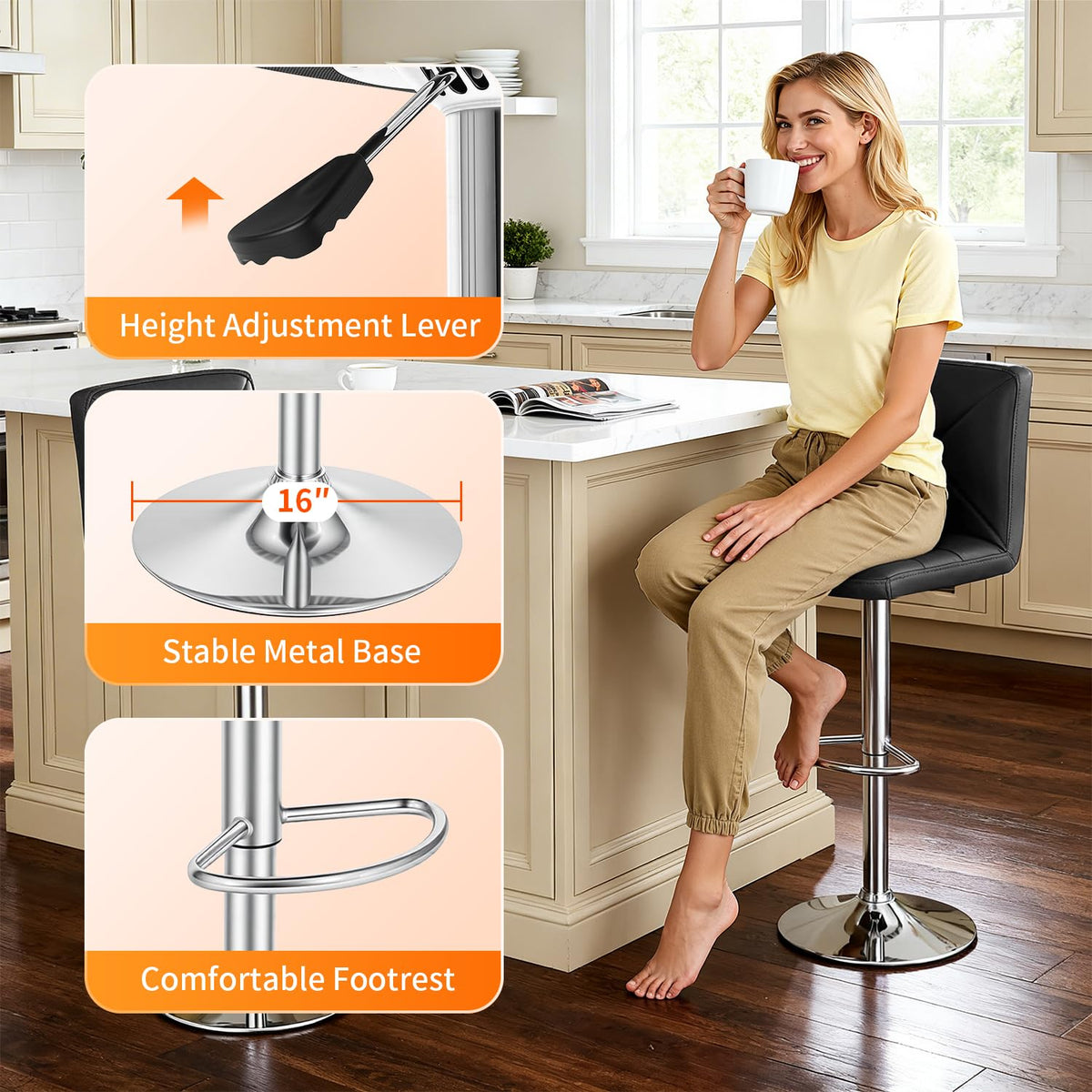 BestOffice Bar Stools Set of 2, PU Leather Swivel Bar Stools Kitchen Counter Height Bar Chairs with Hydraulic Adjustable for Kitchen, Dining Room and Restaurants