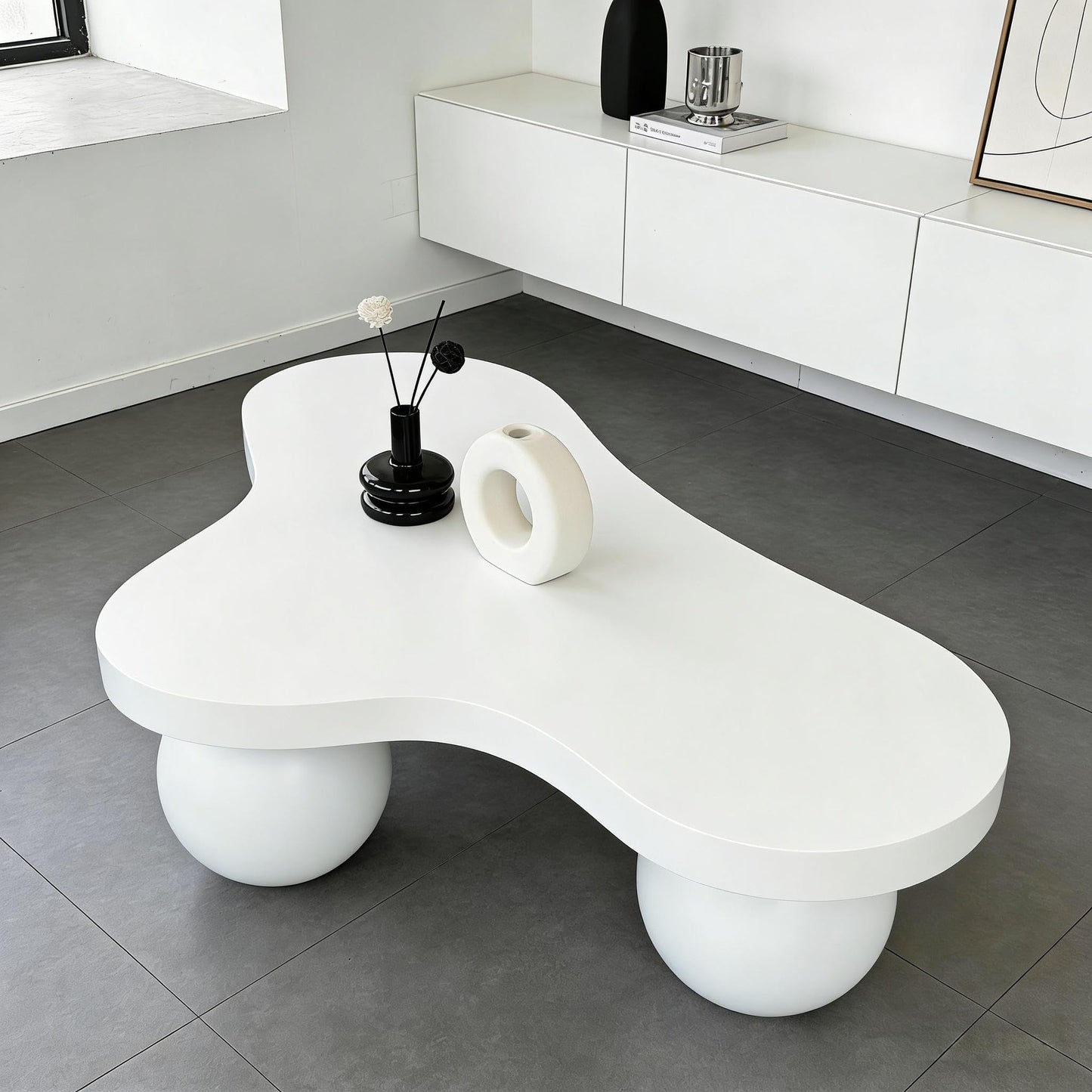 BSYEIO 46" Cloud Coffee Table with 3 Ball Legs, Modern Irregular Center Table for Living Room, Low Cute Small MDF Tea Table for Bedroom, Space Apartment Cream White