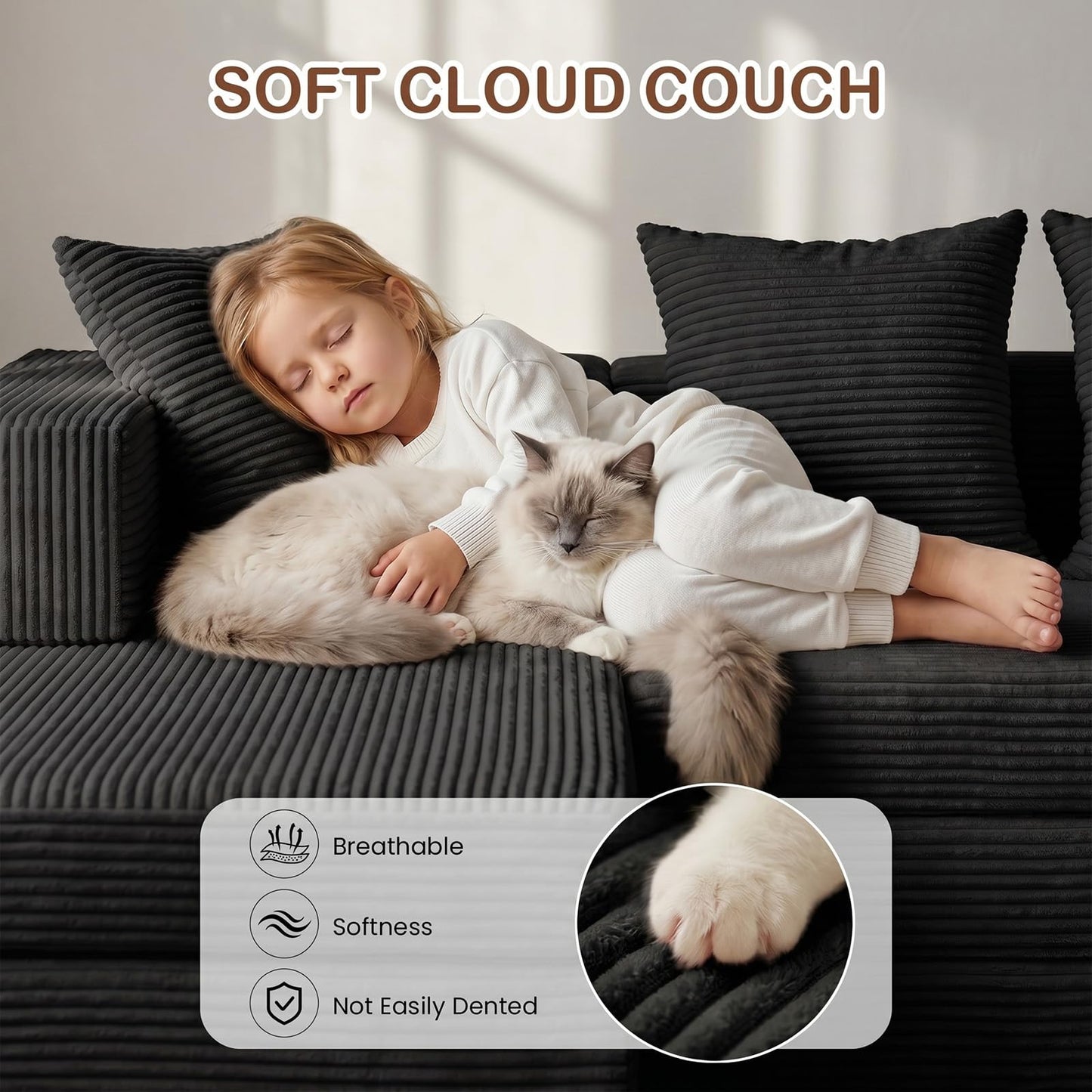 Ziydily Boneless Couch, L Shaped Couch with Chaise, 5-in-1 Comfy Corduroy Fluffy Sofas, Mini Flexible Module Combination Compact Room Couch, No Assembly, Black