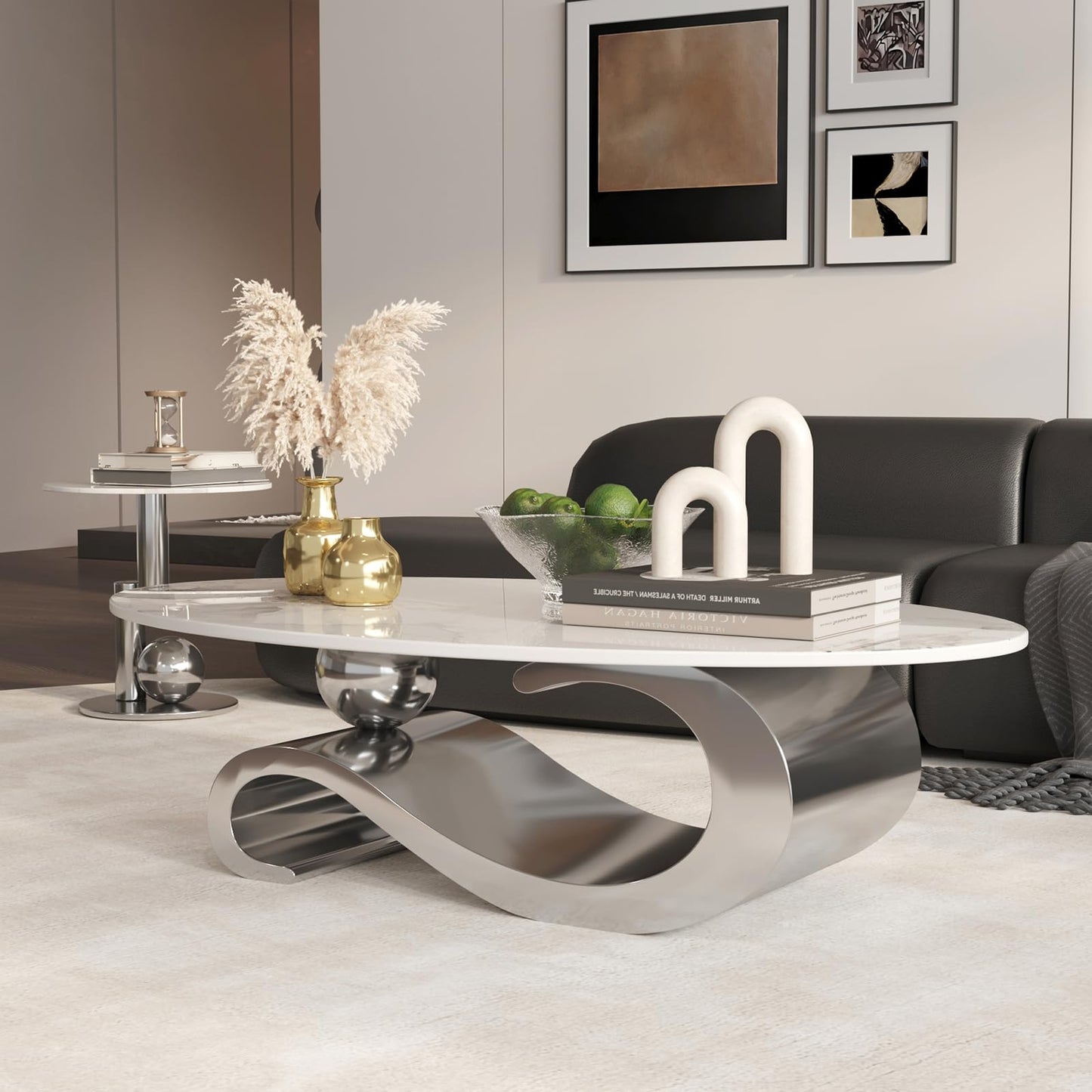 52" Oval Marble Coffee Table for Living Room, Modern Stainless Steel Silver Metal Base, Scratch-Resistant Accent Table, Luxury Center Table for Home Decor, Easy Assembly